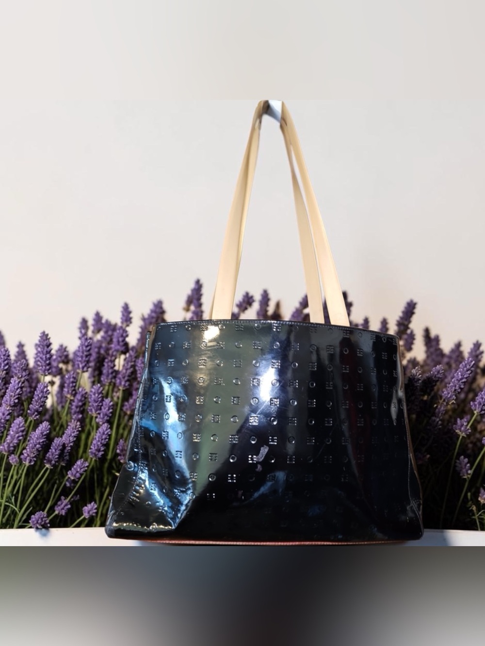 Arcadia Black Patent Tote with Tan Straps